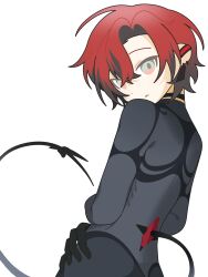  1boy absurdres ahoge black_bodysuit black_choker bodysuit choker closed_mouth commentary cowboy_shot earpiece highres holostars holostars_english kitt0_o looking_at_viewer machina_x_flayon male_focus mecha_pilot_suit red_hair short_hair simple_background skin_tight solo tail virtual_youtuber white_background 