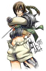  1girl 2000 armor bad_link bracer braid brown_hair commentary crop_top denim denim_shorts english_text final_fantasy final_fantasy_vii garter_straps gauntlets green_shirt grey_eyes grin headband holding holding_knife holding_weapon knife looking_at_viewer maya_anderson midriff milestone_celebration navel open_fly pauldrons shirt short_hair shorts shoulder_armor signature single_pauldron smile solo spiked_pauldrons spikes teeth thigh_strap throwing_knife turtleneck turtleneck_shirt twin_braids weapon white_background white_shorts yuffie_kisaragi 
