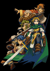  1girl 2001 4boys axe bad_link bandana battle_axe black_background black_pants blue_hair boots bowie_(shining_force) brown_boots brown_gloves cape centaur chester_(shining_force) commentary dwarf elf gloves golden_hilt green_cape group_picture headband holding holding_sword holding_weapon jaha_(shining_force) kazin_(shining_force) leather leather_boots leather_gloves looking_ahead looking_to_the_side maya_anderson multiple_boys orange_robe pants people pointy_ears rapier red_eyes red_nose red_robe robe sarah_(shining_force) serious shining_(series) shining_force_ii signature staff sword taur tunic weapon white_bandana white_headband wooden_staff yellow_tunic 