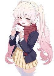  1girl absurdres black_jacket blush commentary_request cowboy_shot earmuffs envelope gradient_hair hands_up heart highres holding holding_envelope jacket korean_commentary long_hair long_sleeves love_letter multicolored_hair oldsickkim open_mouth original pink_hair red_eyes red_scarf scarf shirt shirt_tucked_in sidelocks simple_background skirt smile thigh-highs twintails white_background white_shirt white_thighhighs yellow_skirt zettai_ryouiki 