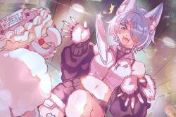  1girl :d absurdres animal_ear_fluff animal_ears black_jacket blue_eyes blue_hair blush cake commentary elira_pendora elira_pendora_(wolf) english_commentary famelira_(elira_pendora) fangs fingerless_gloves food fur-trimmed_gloves fur-trimmed_shorts fur_trim glint gloves hair_over_one_eye happy_birthday highres jacket lens_flare midriff navel nijisanji nijisanji_en off_shoulder plate short_hair shorts smile standing standing_on_one_leg virtual_youtuber wolf_ears yuyue 