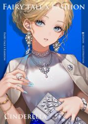  1girl animification blonde_hair blue_eyes choker cinderella_(disney_character) cinderella_(disney_movie) cinderella_(fairy_tale) cinderella_(fairy_tale_character) commentary_request dress earrings fashion finger_cots glass_slipper gloves hair_bun hairband jewelry jigenn jpeg_artifacts long_hair looking_at_viewer open_mouth short_hair smile 