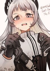  1girl 3594hekisui absurdres arknights black_gloves black_shirt blush commentary embarrassed flustered gloves grey_eyes grey_hair hands_up highres irene_(arknights) long_hair long_sleeves looking_at_viewer nervous_sweating open_mouth scar scar_across_eye scar_on_face shirt simple_background solo sweat teeth tongue upper_body upper_teeth_only white_background white_shirt 