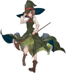  1girl :o ankle_boots artist_request boots breasts brown_boots brown_hair dress full_body game_asset green_eyes green_hat green_skirt hand_up hat holding holding_staff leather leather_boots looking_at_viewer mage_staff medium_dress medium_hair medium_skirt neck_ribbon official_art open_mouth red_ribbon resty_(tate_no_yuusha_no_nariagari) ribbon shirt simple_background skirt sleeveless sleeveless_dress small_breasts solo staff standing tate_no_yuusha_no_nariagari tate_no_yuusha_no_nariagari_rise transparent_background white_shirt witch witch_hat 