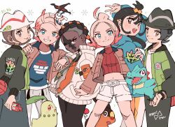  3boys 3girls ahoge black_hair blonde_hair blue_eyes blue_hoodie blue_shirt blush breasts brown_eyes brown_hair brown_jacket cellphone chikorita closed_mouth collared_shirt cube_hair_ornament dark-skinned_male dark_skin earclip gradient_hair green_jacket green_necktie grey_eyes hair_bun hair_ornament hand_fan harmony_(pokemon) hat highres holding holding_phone hood hood_down hoodie jacket leaf leggings lida_(pokemon) long_hair long_sleeves mega_ring midriff multicolored_hair multiple_boys multiple_girls naveen_(pokemon) navel necktie open_clothes open_jacket open_mouth orange_leggings pants paxton_(pokemon) phone pink_hair pokemon pokemon_(creature) pokemon_legends:_z-a prism_tower red_eyes red_shirt ribbed_shirt rotom rotom_phone shirt short_hair shorts smartphone smile striped_hat taunie_(pokemon) teeth tepig tongue tongue_out topknot totodile two-tone_legwear upper_teeth_only urbain_(pokemon) white_hat white_jacket white_leggings white_shirt white_shorts yukikokoro 