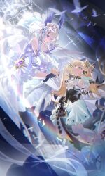  2girls bird blonde_hair blush commentary detached_sleeves dove enna_alouette enna_alouette_(anniversary_dress) ethyria glint green_eyes head_wings highres lens_flare millie_parfait millie_parfait_(anniversary_dress) multiple_girls nijisanji nijisanji_en shei00 smile untranslatable_commentary violet_eyes virtual_youtuber wings 