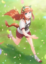  1girl animal_ears blue_eyes blunt_bangs blush confetti ear_covers grass gym_shirt gym_shorts hair_ornament hairband highres hime_cut horse_ears horse_girl horse_tail ikeda_jun_(mizutamari) long_hair looking_at_viewer open_mouth orange_hair orange_tail original_race_uniform_(umamusume) outdoors race_bib red_shorts running shirt shoes short_sleeves shorts silence_suzuka_(umamusume) smile socks solo tail umamusume white_hairband white_shirt white_socks 