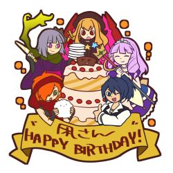  2boys 3girls bandana blonde_hair blue_hair closed_eyes closed_mouth commentary_request creature dress green_eyes green_scarf grey_hair happy_birthday holding holding_creature holding_knife japanese_clothes kesaran_pasaran_(sekaiju) kimono knife land-k layered_dress looking_at_viewer mask mask_on_head mechanical_wings multiple_boys multiple_girls official_alternate_color open_mouth orange_hair pirate_(sekaiju) pirate_3_(sekaiju) pop'n_music_(style) puffy_short_sleeves puffy_sleeves purple_kimono red_bandana red_eyes scarf sekaiju_no_meikyuu sekaiju_no_meikyuu_3 shinobi_(sekaiju) shinobi_4_(sekaiju) shirt short_hair short_sleeves simple_background smile sovereign_(sekaiju) sovereign_4_(sekaiju) violet_eyes warrior_(sekaiju) warrior_3_(sekaiju) white_background white_shirt wings zodiac_(sekaiju) zodiac_4_(sekaiju) 