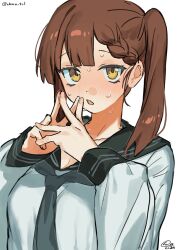  1girl artist_name black_neckerchief black_sailor_collar blush braid braided_bangs breasts brown_hair cho_k_(choco_tcl) fang hair_between_eyes highres index_fingers_together kotobuki_hisako large_breasts long_hair long_sleeves looking_at_viewer neckerchief open_mouth sailor_collar school_uniform seitokai_ni_mo_ana_wa_aru! shirt side_ponytail side_ponytail_with_hair_base simple_background single_sidelock solo sweatdrop twitter_username white_background white_shirt yellow_eyes 