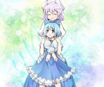  2girls bangs blue_bow blue_door blue_dress blue_eyes blue_hair bow cirno closed_eyes closed_mouth dress hair_bow hug ice ice_wings letty_whiterock long_sleeves looking_to_the_side multiple_girls purple_hair short_hair short_sleeves smile standing touhou white_headwear wings 