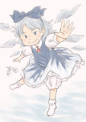  1girl bloomers blue_bow blue_dress blue_eyes bow chii-kun_(seedyoulater) cirno closed_mouth collared_shirt commentary_request detached_wings dress hair_bow highres looking_at_viewer neck_ribbon outstretched_arms puffy_short_sleeves puffy_sleeves red_ribbon ribbon shirt short_hair short_sleeves signature smile socks solo standing standing_on_one_leg touhou white_bloomers white_shirt white_socks wings 