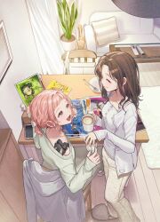  2girls :d blue_cardigan blue_shirt brown_hair cardigan cellphone cherico closed_eyes coffee coffee_mug comic_yuri_hime commentary_request controller couch cup fork from_above green_sweater grey_eyes grin highres holding holding_cup indoors jacket long_hair long_sleeves looking_at_another mug multiple_girls off-shoulder_sweater off_shoulder official_art open_cardigan open_clothes open_mouth original pants phone pink_hair plant plate poster_(object) potted_plant remote_control rug shirt short_hair sitting sleeves_past_wrists slice_of_life slippers smartphone smile standing sweater table textless_cover_page unworn_jacket white_pants 