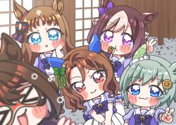  >_< 5girls :> :3 absurdres animal_ears aqua_eyes blush brown_hair commentary_request dango eating el_condor_pasa_(umamusume) eye_mask food golden_generation_(umamusume) grass_wonder_(umamusume) grey_hair hatsune_(pumpkin_pie) highres horse_ears horse_girl indoors king_halo_(umamusume) looking_at_viewer mask multiple_girls photobomb purple_hair school_uniform seiun_sky_(umamusume) special_week_(umamusume) tracen_school_uniform umamusume v wagashi 