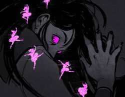  1girl akemi_homura alt_text artist_name ayilings ballet black_hair black_nails colored_sclera commentary dancing dark_background english_commentary glitch hand_up highres horror_(theme) kaname_madoka long_hair long_sleeves looking_back mahou_shoujo_madoka_magica mahou_shoujo_madoka_magica_(anime) pink_eyes pink_sclera scared school_uniform simple_background solo_focus spot_color upper_body 