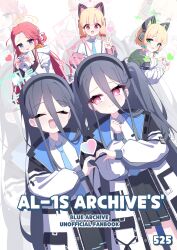  525_woiwo 5girls :d ^_^ absurdres animal_ear_headphones animal_ears aqua_halo aris_(blue_archive) artist_name black_hairband black_skirt blonde_hair blue_archive blue_jacket blue_necktie braid cat_ear_headphones cat_ears character_name closed_eyes closed_mouth collared_shirt commentary_request copyright_name cover cover_page cowboy_shot curled_fingers double-parted_bangs doujin_cover english_text facing_viewer fake_animal_ears game_development_department_(blue_archive) green_halo green_jacket grey_hair hair_between_eyes hairband half_crown_braid halo hand_up hands_up headphones heart heart_hands heart_hands_duo highres hood hood_down hooded_jacket jacket jacket_partially_removed kei_(aris)_(blue_archive) kei_(blue_archive) light_blush long_hair long_hair_between_eyes long_sleeves looking_at_another looking_at_viewer looking_to_the_side midori_(blue_archive) miniskirt momoi_(blue_archive) multi-source_commentary multiple_girls necktie no_nose off_shoulder open_clothes open_jacket open_mouth parted_lips peanut_mouth pink_hair pink_halo pink_jacket raised_inner_eyebrows rectangular_halo shirt short_hair siblings simple_background sisters skirt smile split_mouth standing straight-on title turning_head twins two-sided_fabric two-sided_jacket v white_background white_jacket white_shirt yellow_halo yuzu_(blue_archive) zoom_layer 