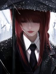  1girl absurdres artist_name black_coat black_necktie chainsaw_man closed_eyes coat collared_shirt commentary english_text feathers highres lips makima_(chainsaw_man) necktie rain red_hair shirt solo ulup umbrella white_feathers white_shirt wing_collar 