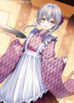  apron copyright_request hair_ribbon highres holding holding_plate japanese_clothes kimono myusha plate ribbon smile white_hair yellow_eyes 