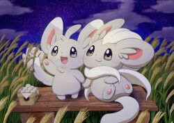  :d absurdres arm_up bench black_eyes cinccino clefairy clouds evolutionary_line food highres minccino night ns_nusuru outdoors pokemon pokemon_(creature) sitting smile 