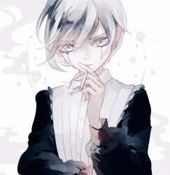  1boy between_fingers bishounen black_shirt cigarette collared_shirt crying crying_with_eyes_open earrings grey_hair holding holding_cigarette jewelry long_sleeves looking_at_viewer male_focus original parted_lips puffy_long_sleeves puffy_sleeves shirt short_hair smoke smoke_trail smoking solo tears upper_body vest white_vest yuko_(foret_noire) 