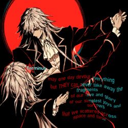 2others absurdres akivili_(honkai:_star_rail) androgynous arm_up ascot black_background black_jacket buttons closed_mouth collared_shirt dancing dual_persona english_commentary english_text fingernails frilled_sleeves frills from_behind full_moon grey_hair hair_between_eyes hand_on_another's_back highres holding_hands honkai:_star_rail honkai_(series) jacket lapels long_hair long_sleeves looking_at_another looking_down moon multiple_others mvgwq open_clothes open_jacket other_with_other red_moon selfcest shirt sidelocks simple_background v-shaped_eyebrows very_long_hair white_ascot white_shirt yellow_eyes 