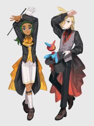  2boys alternate_costume alternate_hairstyle arm_up ascot black_pants black_shirt blonde_hair braid brown_shoes collared_shirt commentary dark-skinned_male dark_skin ear_piercing frills fua1heyvot4ifsr full_body gladion_(pokemon) gloves green_eyes green_hair grey_background grey_eyes grey_vest hair_over_one_eye hat hau_(pokemon) highres holding holding_unworn_clothes holding_unworn_hat long_hair looking_at_another looking_at_viewer male_focus multiple_boys neck_ribbon open_mouth pants piercing pokemon pokemon_(creature) pokemon_sun_and_moon ponytail porygon-z red_ribbon ribbon ringed_eyes shirt shoes shorts simple_background single_glove socks standing tailcoat top_hat untranslatable_commentary unworn_hat unworn_headwear vest white_gloves white_shorts white_socks yellow_ascot yellow_eyes yellow_vest 