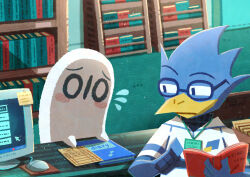 1boy 1other absurdres androgynous berdly_(deltarune) bird_boy black-framed_eyewear book bookshelf closed_mouth commentary_request computer computer_mouse deltarune flying_sweatdrops furry furry_male glasses highres holding holding_book indoors lanyard looking_at_another monitor napstablook open_book round_eyewear shirt short_sleeves utdr_(toby_fox) watawata22 white_shirt 