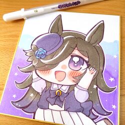  1girl absurdres animal_ears arms_up black_hair blush chibi commentary_request cowboy_shot hair_over_one_eye hat hatsune_(pumpkin_pie) highres horse_ears horse_girl long_hair marker_(medium) mini_hat open_mouth photo_(medium) purple_background rice_shower_(umamusume) school_uniform shikishi smile solo tracen_school_uniform traditional_media umamusume violet_eyes 
