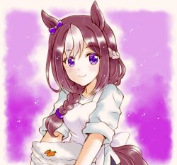  1girl animal_ears apron blush bow braid braided_ponytail brown_hair closed_mouth commentary_request ear_bow ear_ribbon half_up_braid highres holding horse_ears horse_girl horse_tail kuromori_yako long_hair looking_at_viewer multicolored_hair purple_bow shirt smile special_week_(umamusume) tail two-tone_hair umamusume violet_eyes white_apron white_hair white_shirt 