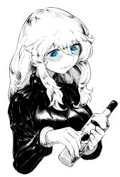  1girl aygoftenover bottle bracelet closed_mouth commentary_request greyscale hair_between_eyes highres holding holding_bottle jewelry long_hair monochrome pepesha_andreanova shy_(series) sketch smile spot_color sweater tagme upper_body white_background 