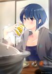  1girl absurdres alcohol blue_hair blurry blurry_background blurry_foreground can depth_of_field food highres hood hoodie mint_(mintlemonade3) nabe older shima_rin short_hair solo violet_eyes yurucamp 