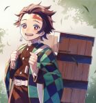  1boy belt brown_hair brown_jacket brown_pants buttons checkered_clothes checkered_kimono cowboy_shot demon_slayer_uniform earrings falling_leaves green_kimono high_collar highres holding_strap jacket japanese_clothes jewelry kamado_tanjirou kimetsu_no_yaiba kimono leaf looking_at_viewer lower_teeth male_focus maze_draws open_mouth outdoors pants red_eyes scar scar_on_face scar_on_forehead short_hair smile solo teeth tree twitter_username upper_teeth white_belt wooden_box 