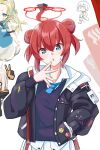  ahoge badge bangs blue_archive blue_eyes blue_necktie blush button_badge collared_shirt double_bun flame_tsukushi hair_bun halo hand_in_pocket hand_on_own_face id_card jacket long_sleeves looking_at_viewer maki_(blue_archive) necktie paint_on_clothes paint_splatter paint_splatter_on_face puffy_sleeves redhead shirt short_hair sidelocks smiley_face sweater_vest upper_body white_shirt 