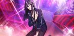  1boy afterl!fe black_hair choker facing_away ghilley_(afterl!fe) jacket kneeling long_hair long_sleeves looking_at_viewer male_focus official_art open_mouth pants red_eyes second-party_source solo stage teeth 