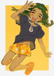  1girl :d black_shirt blush_stickers border braid closed_eyes clothes_lift commentary_request dark-skinned_female dark_skin fua1heyvot4ifsr full_body genderswap genderswap_(mtf) green_hair grey_border hau_(pokemon) highres looking_at_viewer navel open_mouth orange_sandals pokemon pokemon_sun_and_moon sandals shirt shirt_lift shorts simple_background smile solo standing twin_braids waving yellow_background yellow_shorts 