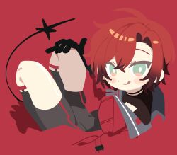  1boy absurdres black_bodysuit black_gloves black_socks bodysuit full_body gloves gradient_eyes green_eyes highres holostars holostars_english jacket kitt0_o legwear_garter licking_lips machina_x_flayon male_focus mecha_pilot_suit multicolored_eyes orange_eyes red_hair red_jacket short_hair simple_background skin_tight socks solo tail tongue tongue_out virtual_youtuber zettai_ryouiki 