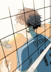  1boy adam's_apple brown_eyes brown_hair closed_mouth commentary_request haikyuu!! konno_seara looking_at_viewer male_focus oikawa_tooru_(haikyuu!!) short_hair sideburns solo sportswear upper_body volleyball_net volleyball_uniform 