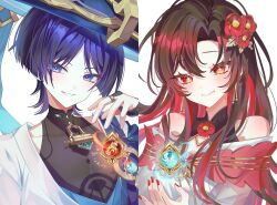  +_+ 1boy 1girl 28gom28 absurdres anemo_symbol_(genshin_impact) bare_shoulders bishounen black_bodysuit black_bridal_gauntlets blue_cape blue_gem blue_hat blue_jingasa blue_kimono blue_pupils blunt_ends blush bodysuit bridal_gauntlets brown_hair camellia_(trave1er) cape closed_mouth colored_inner_hair commission couple covered_collarbone curtained_hair dress earrings eyelashes eyeliner feather_hair_ornament feathers fingernails fire flower gem genshin_impact gold gold_earrings gold_ring gold_trim hair_flower hair_ornament hand_up hat hetero highres japanese_clothes jewelry jingasa juban kimono long_hair looking_at_object looking_at_viewer makeup mandarin_collar middle_ring multicolored_hair oc_x_canon off-shoulder_dress off_shoulder open_clothes open_hand open_kimono open_mouth orange_eyes original parted_lips pink_lips plum_blossoms portrait pyro_symbol_(genshin_impact) red_eyeliner red_flower red_gem red_hair red_nails scaramouche_(genshin_impact) second-party_source see-through_clothes see-through_sleeves shoulder_peek side_cape smile split_screen tsurime violet_eyes wanderer_(genshin_impact) white_background white_dress white_kimono white_mouth wind wolf_cut 