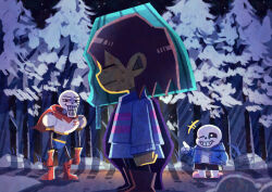  1other 2boys absurdres androgynous black_eyes black_sclera black_shorts blue_jacket blue_shorts blue_sweater boots brown_boots brown_hair cape closed_eyes closed_mouth colored_sclera colored_skin commentary_request frisk_(undertale) gloves grin highres hood hood_down hooded_jacket jacket long_sleeves looking_at_another multiple_boys one_eye_closed open_clothes open_jacket open_mouth papyrus_(undertale) pink_sleeves pointing pointing_at_another red_boots red_cape red_gloves sans_(undertale) short_hair shorts skeleton smile sweat sweater teeth undertale utdr_(toby_fox) watawata22 white_eyes yellow_skin 