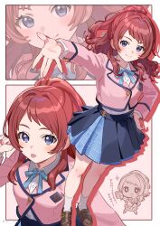  +_+ 1girl alternate_hairstyle beckoning black_overskirt blazer blue_ribbon blue_skirt blush border brown_shoes commentary_request dress_shirt drop_shadow gakuen_idolmaster hanami_saki highres idolmaster jacket loafers long_hair long_sleeves looking_at_viewer multiple_views neck_ribbon pink_jacket pleated_skirt ponytail ribbon shinima shirt shirt_tucked_in shoes skirt smile socks white_border white_shirt white_socks 