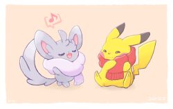  absurdres blush border closed_eyes commentary_request full_body highres kico_(iskico) minccino musical_note no_humans open_mouth pikachu pink_background pokemon pokemon_(creature) red_scarf scarf simple_background smile spoken_musical_note white_border 