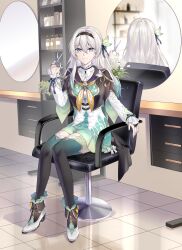  absurdres black_hairband chair cutting_hair dress firefly_(honkai:_star_rail) gradient_eyes gradient_hair green_dress green_thighhighs grey_hair hair_between_eyes hairband hairdressing highres holding holding_scissors honkai:_star_rail honkai_(series) long_hair mirror multicolored_dress multicolored_eyes multicolored_hair scissors suprii thigh-highs 
