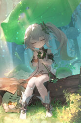  1girl absurdres aranara_(genshin_impact) bare_shoulders blush bracelet closed_eyes closed_mouth commentary_request day dendro_slime_(genshin_impact) detached_sleeves dress genshin_impact gold_trim grass green_sleeves grey_hair hair_between_eyes hair_ornament hands_up highres hirotaka0125 holding holding_leaf jewelry leaf leaf_hair_ornament leaf_umbrella long_hair nahida_(genshin_impact) outdoors pointy_ears side_ponytail sitting sleeveless sleeveless_dress slime_(genshin_impact) solo stirrup_legwear toeless_legwear toes white_dress 