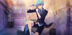  1boy :o afterl!fe blue_hair brown_eyes flexing formal highres jamie_(afterl!fe) looking_at_viewer male_focus official_art open_mouth pose second-party_source short_hair shorts sitting solo suit tailcoat 