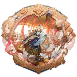  4girls :3 absurdres animal_ear_fluff animal_ears aqua_nails architecture arknights bead_bracelet bead_necklace beads black_boots black_dress blonde_hair blue_corset blue_hair blue_shawl blue_skirt book boots bracelet bridge buttons ch'en_(arknights) ch'en_the_dawnstreak_(arknights) chinese_clothes closed_eyes corset dancing day dragon_girl dragon_horns dragon_tail dress drill_hair drill_sidelocks east_asian_architecture eastern_dragon_horns eastern_dragon_tail eyeliner falling_petals fang flower frilled_shirt frills full_body game_asset gradient_clothes gradient_skirt green_eyes green_hair hair_flower hair_intakes hair_ornament high_heel_boots high_heels highres holding holding_instrument holding_sign horns hoshiguma_(arknights) hoshiguma_the_breacher_(arknights) indoors instrument jewelry lace-trimmed_veil lace_trim lantern lin_(arknights) long_hair long_skirt looking_at_viewer makeup mouse_ears mouse_girl multiple_girls multiple_views nail_polish necklace official_alternate_costume official_art oni open_mouth paper_lantern petals pink_hair pink_petals pipa_(instrument) plant potted_plant red_eyeliner scroll see-through_clothes see-through_veil shawl shirt short_hair sidelocks sign singing single_horn sitting skirt smile standing swire_(arknights) swire_the_elegant_wit_(a_prosperous_visage)_(arknights) swire_the_elegant_wit_(arknights) table tachi-e tail tail_ornament tassel third-party_source tiger tiger_ears tiger_girl tiger_tail transparent_background two-tone_skirt vase veil very_long_hair white_flower white_shirt white_veil wide_sleeves xiayehongming yellow_skirt 
