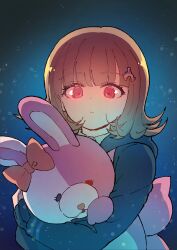  1girl bag bow brown_hair collared_shirt danganronpa_(series) danganronpa_2:_goodbye_despair ear_bow flipped_hair frown hair_ornament highres hood jacket long_sleeves looking_at_viewer medium_hair monomi_(danganronpa) nanami_chiaki open_clothes pink_bag pink_eyes pink_ribbon ribbon shirt white_shirt youko-shima 
