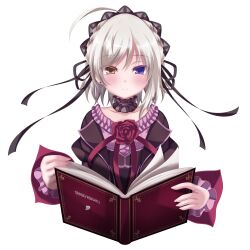  1girl ahoge artist_self-insert black_choker black_dress black_hairband black_ribbon blue_eyes blush book choker closed_mouth collarbone colored_eyelashes commentary_request cosplay cropped_torso dress dress_flower flower frilled_choker frilled_dress frilled_sleeves frills gothic_lolita hair_ribbon hairband hands_up hapymaher heterochromia highres holding holding_book juliet_sleeves lolita_fashion long_ribbon long_sleeves looking_at_viewer medium_hair naitou_maia naitou_maia_(cosplay) open_book original osaka_nanoka puffy_sleeves red_flower red_rose ribbon rose simple_background smile solo split_mouth upper_body white_background white_hair wide_sleeves yellow_eyes 