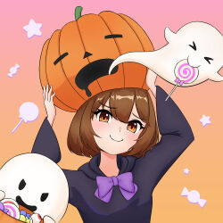  >_< 1girl absurdres black_hoodie blush bob_cut bow bowtie brown_eyes brown_hair candy food ghost gradient_background halloween hands_up head_tilt highres hood hood_down hoodie lollipop looking_at_viewer original pumpkin_on_head simple_background smile solo star_(symbol) upper_body wide_sleeves yuki_imo_man 