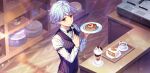  1boy afterl!fe blue_hair brown_eyes food fork highres ice_cream jamie_(afterl!fe) long_sleeves looking_at_viewer male_focus official_art pancake pancake_stack plate second-party_source short_hair smile solo vest 