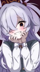 1girl :d black_eyes blue_archive blush bright_pupils brown_eyes collared_shirt commentary_request dress_shirt eyeball_hair_ornament grey_hair grin hair_over_one_eye halo hands_on_own_cheeks hands_on_own_face hands_up highres kanoe_(blue_archive) long_bangs long_hair long_sleeves looking_at_viewer midoneko3904 multicolored_eyes one_eye_covered orange_halo partial_commentary red_background school_uniform shirt simple_background smile solo two-tone_eyes two_side_up underlighting upper_body very_long_hair white_pupils white_shirt 