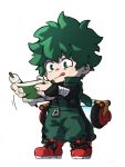  1boy boku_no_hero_academia chibi closed_mouth commentary_request freckles full_body green_eyes green_hair highres holding holding_scroll licking_lips male_focus midoriya_izuku ninjala open_clothes red_footwear rikawakui scroll shoes short_hair simple_background sitting solo tongue tongue_out white_background zipper zipper_pull_tab 